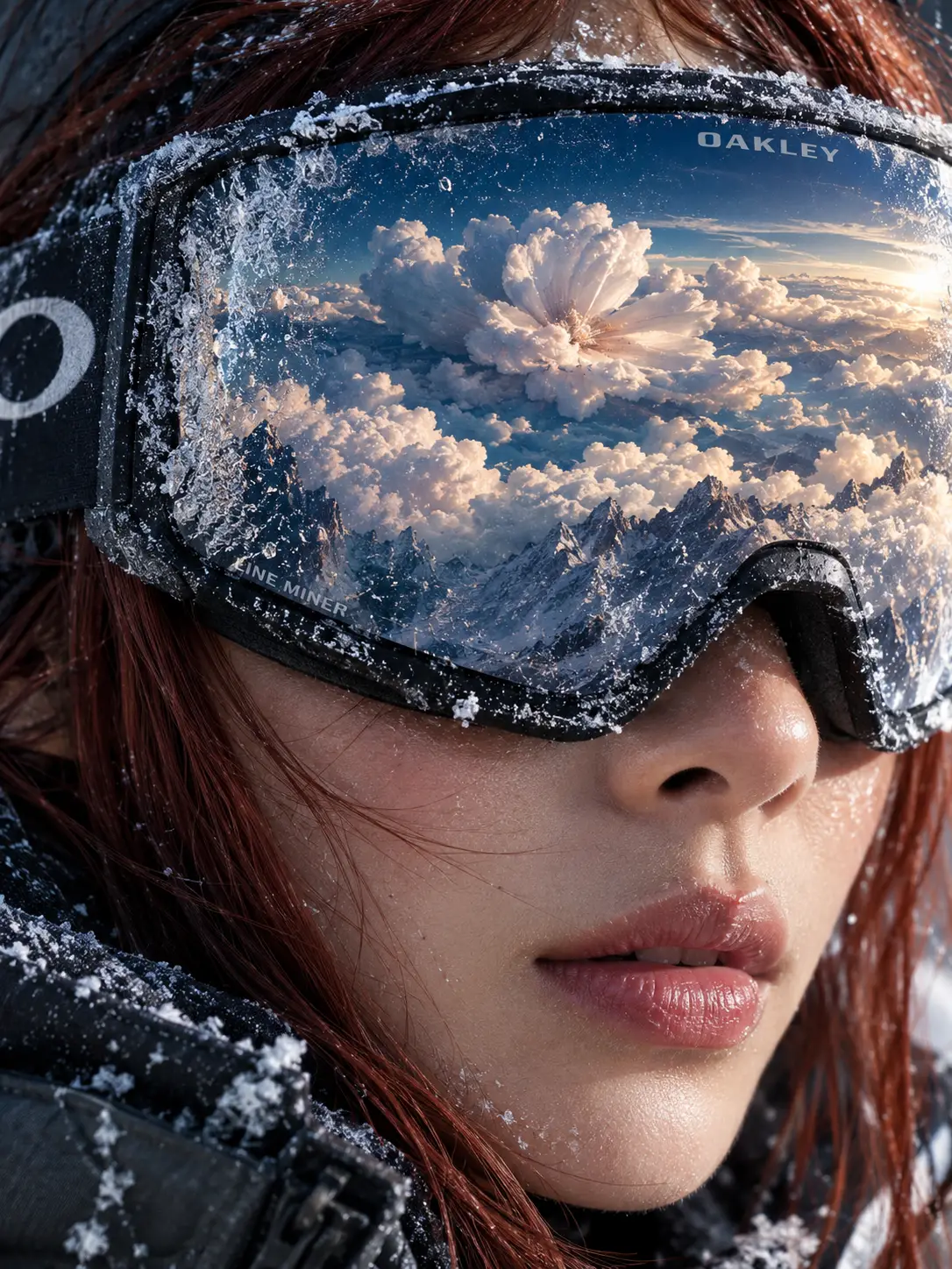 Primerísimo primer plano de mujer con gafas de esquí y reflejos de nubes