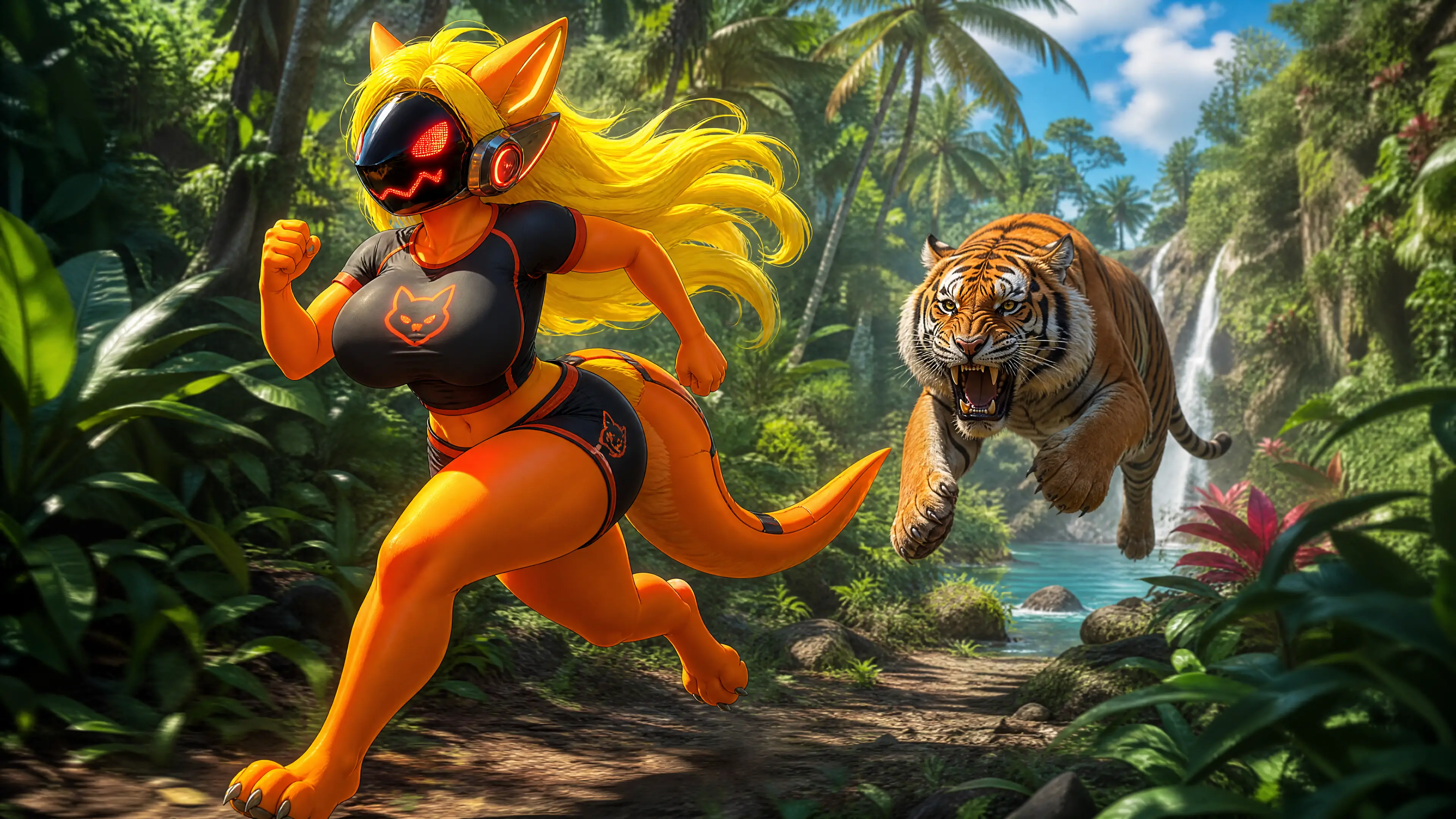 Anthro protogen sprinting through a lush tropical jungle