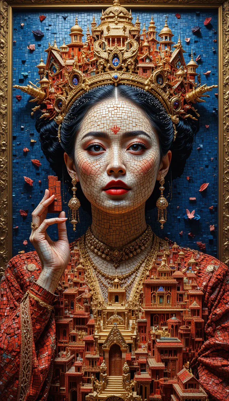 Majestätische Mosaik-Kaiserin, die aus einem großen architektonischen Panel emporsteigt