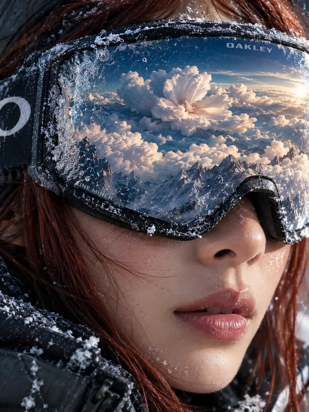 Primerísimo primer plano de mujer con gafas de esquí y reflejos de nubes