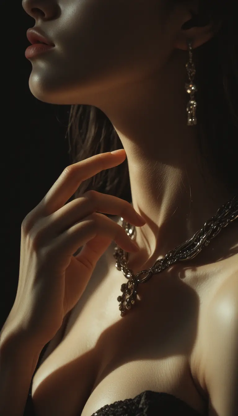 Sensual close up profile of a woman with layered necklace