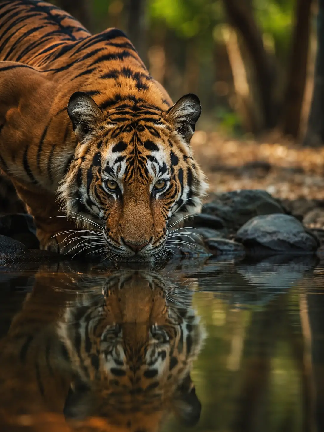 Tiger Gazing At Its Reflection On A Quiet Forest Lake
