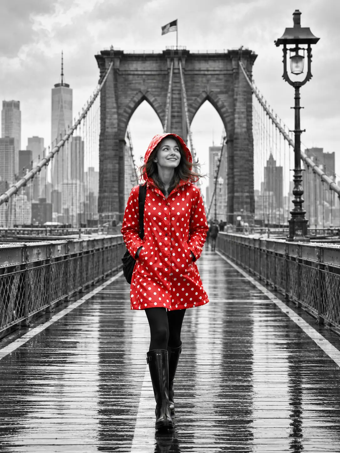 Girl in red rain jacket walking across Brooklyn bridge