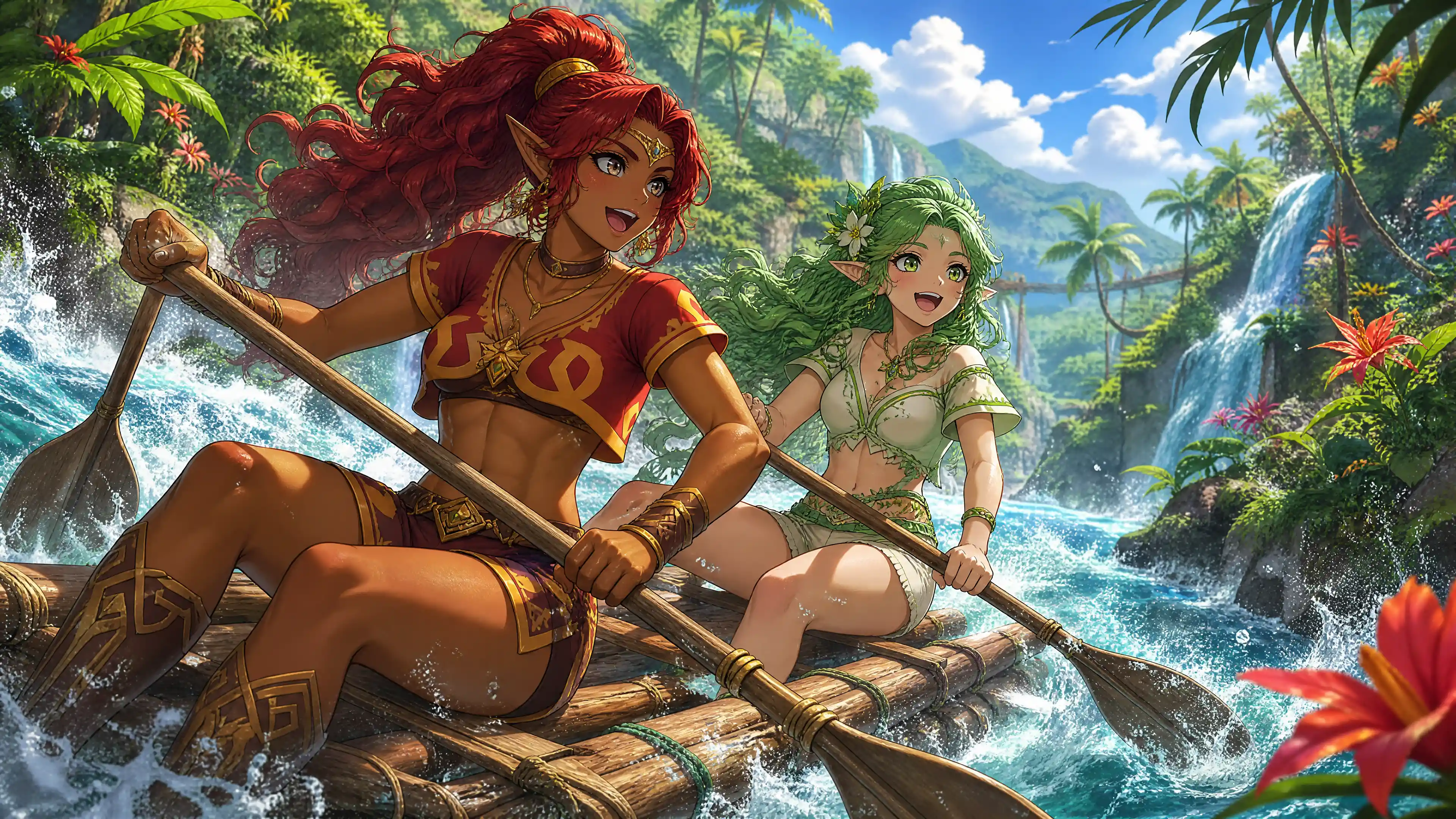 Fantasy wives rafting together through a tropical jungle