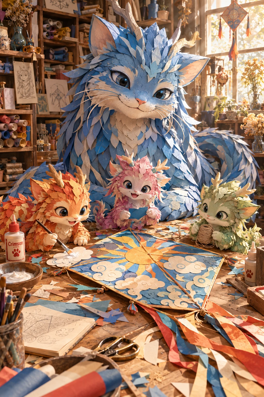 Papierkatzen-Drache-Familie bastelt einen bunten Drachen