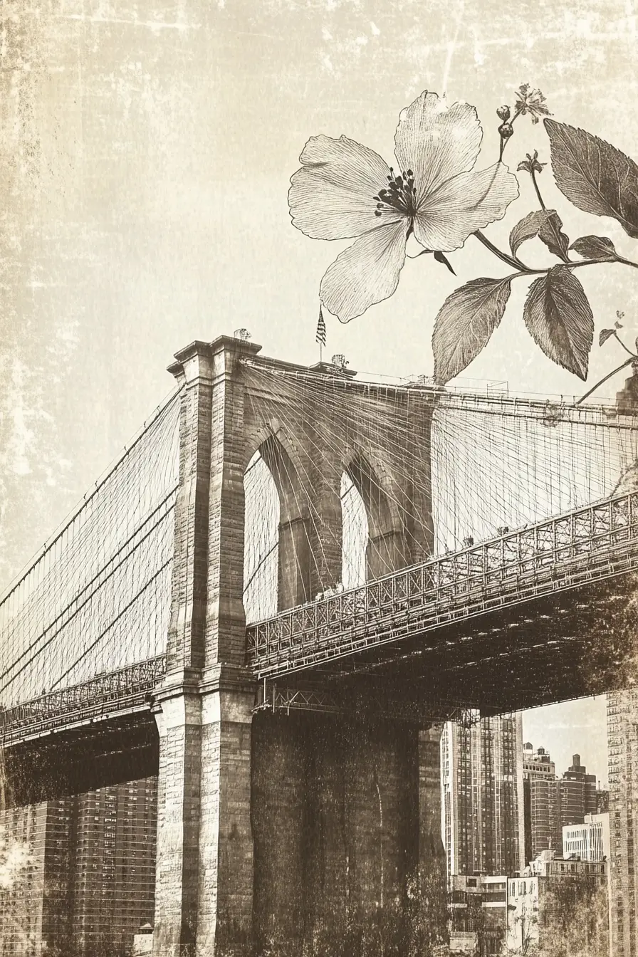 Close up collage of Brooklyn Bridge with floral drawing