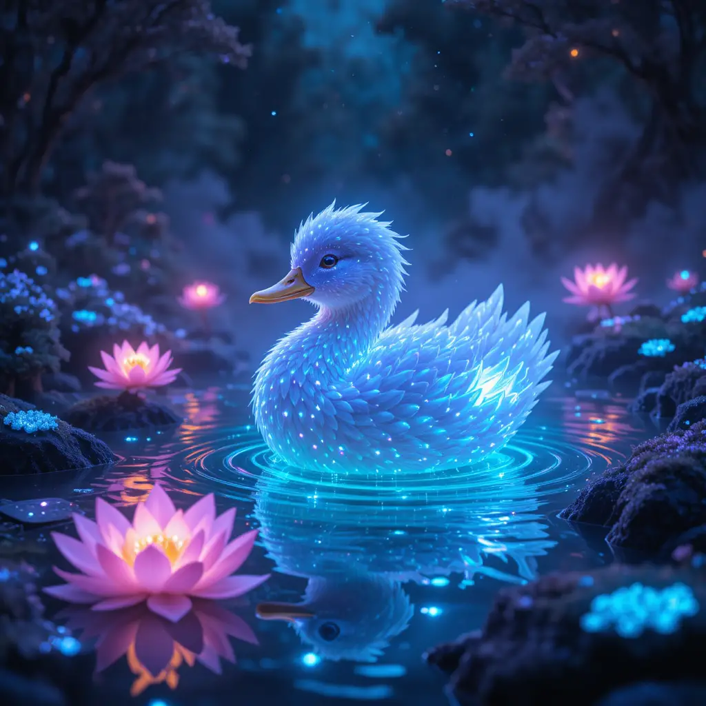 Mystische leuchtende Ente auf einem nächtlichen Fantasie-Teich