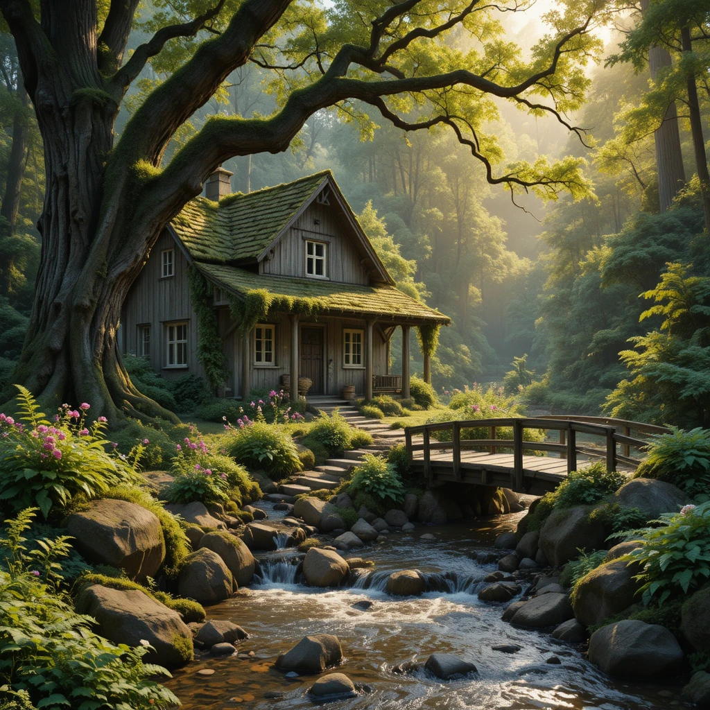 Chalet rustique en bois au bord d’un ruisseau clair en forêt