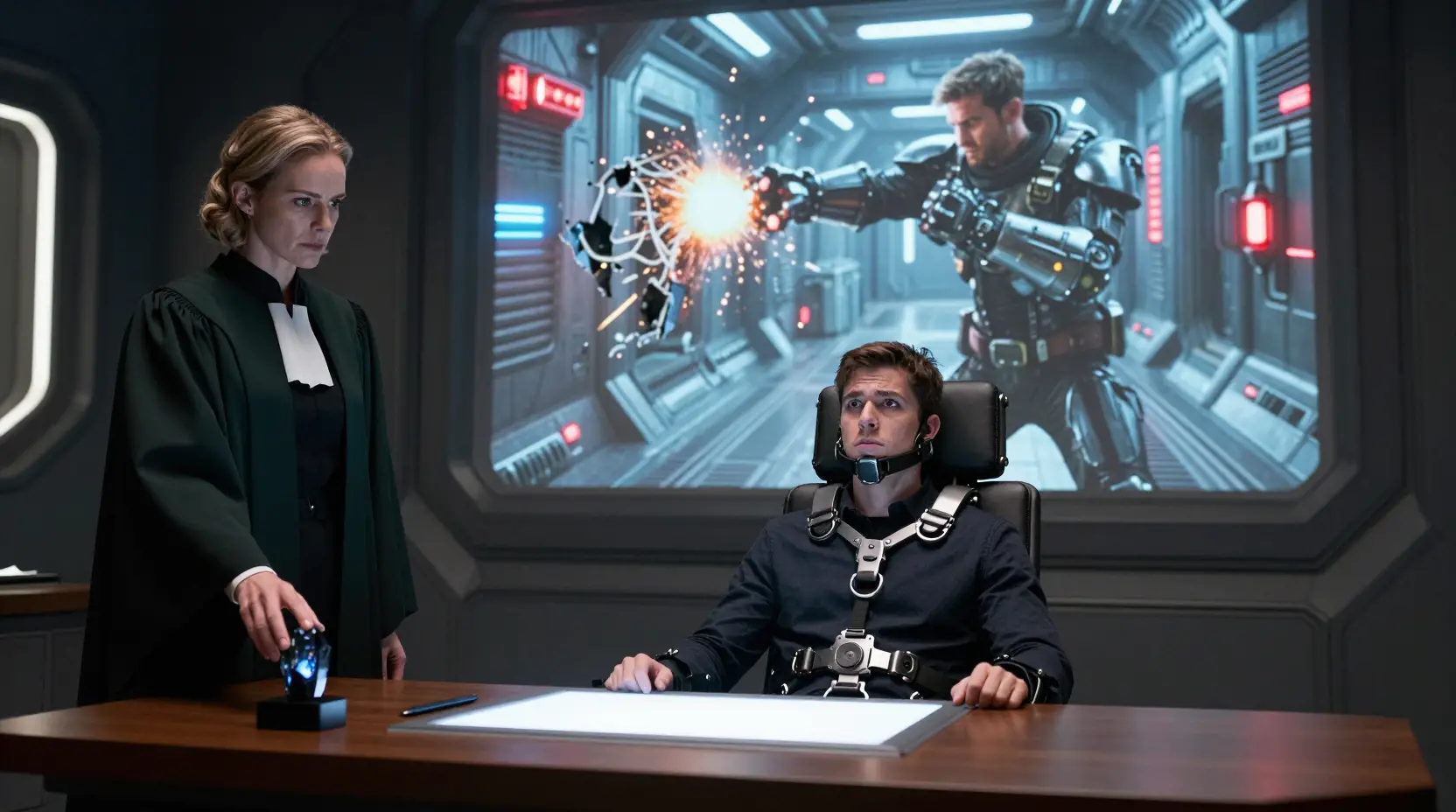 Futuristic judge in a sci fi courtroom with glowing crystal