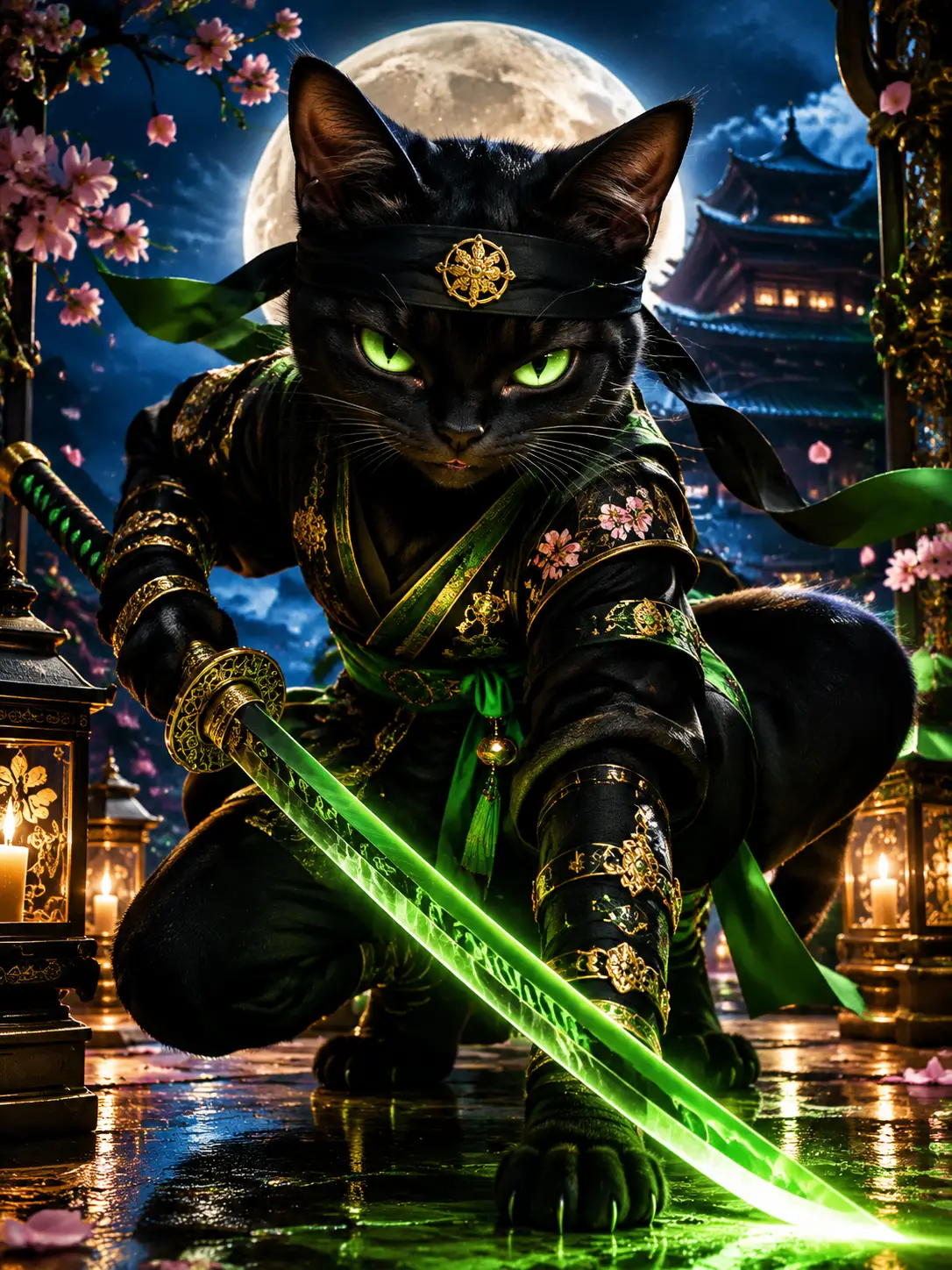 Kauernde Ninja-Schwarze Katze unter leuchtendem Mondhimmel