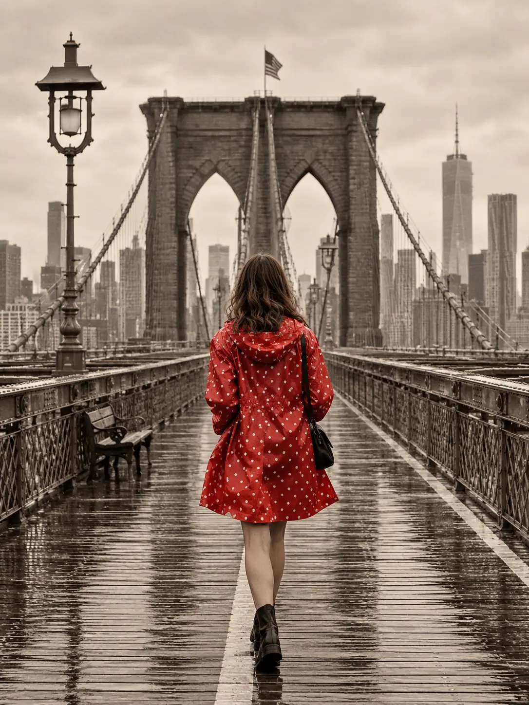 Girl in red polka dot raincoat walking on city bridge