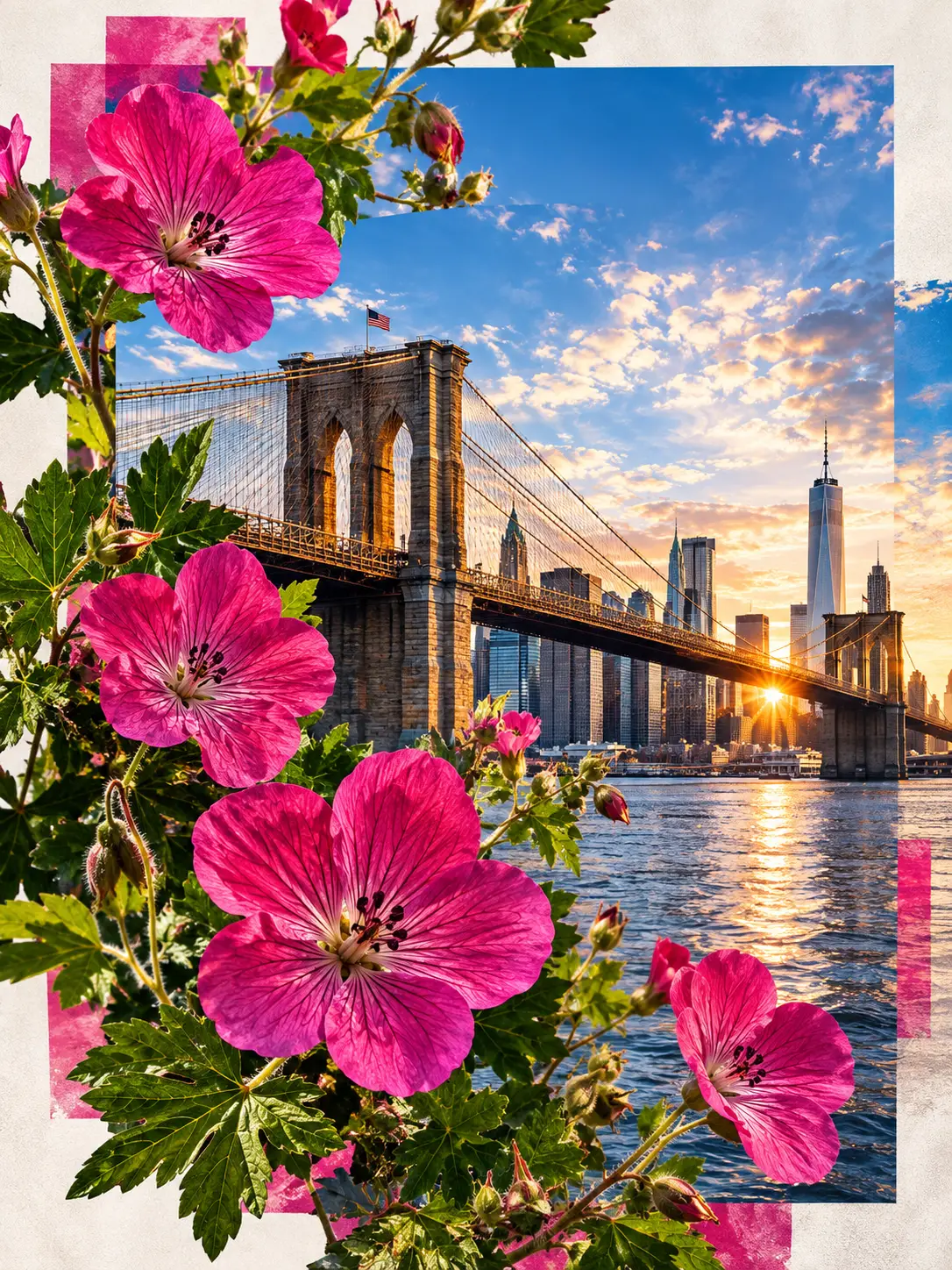 Collage del puente de Brooklyn con vívidas flores escarlatas de geranio silvestre