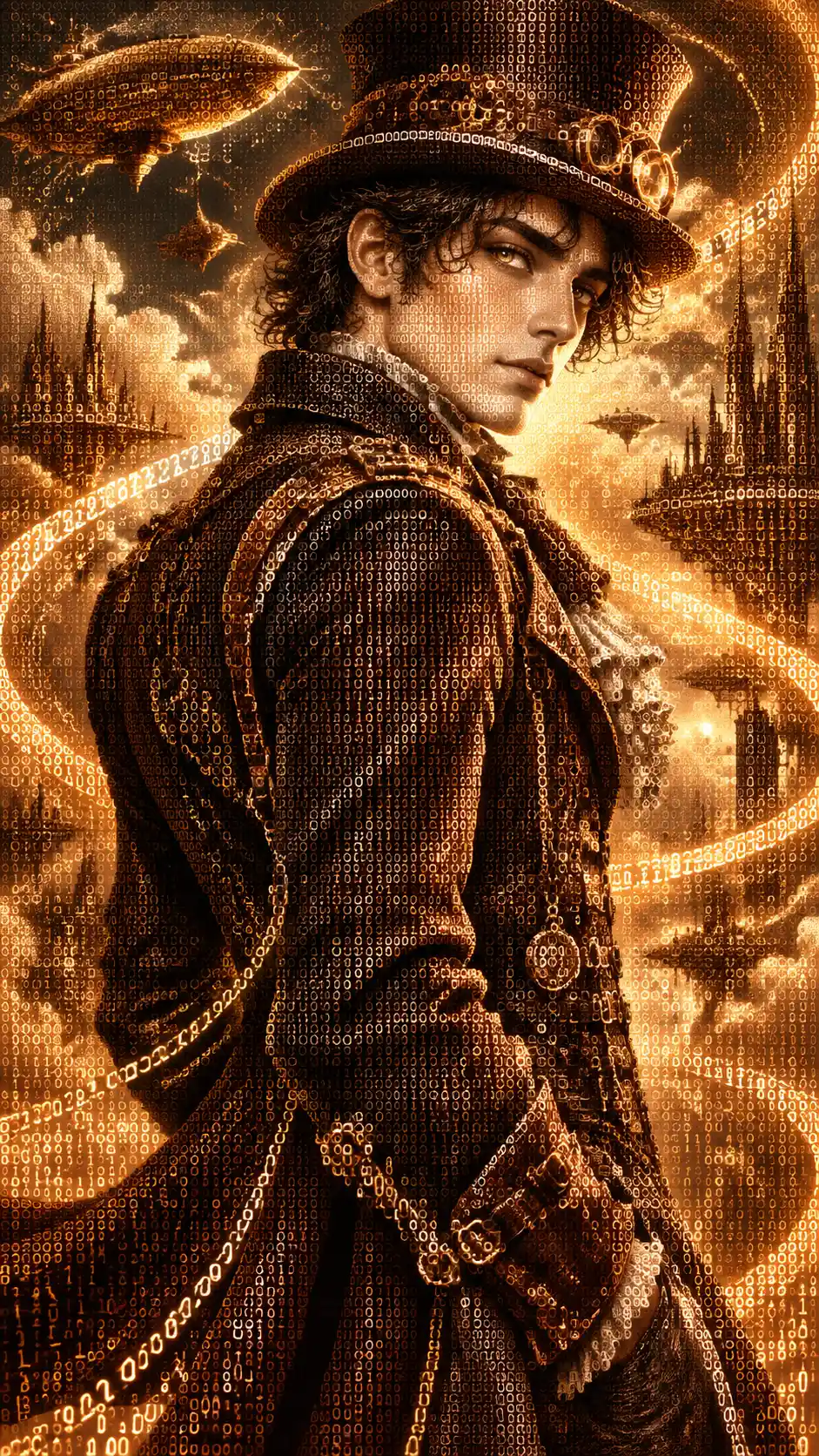 Retrato de cavalheiro steampunk misterioso em código binário em espiral