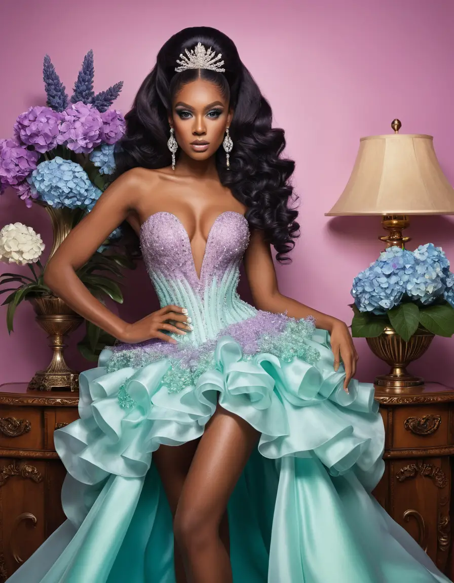Elegante mujer negra de fantasía con vestido de baile ombré