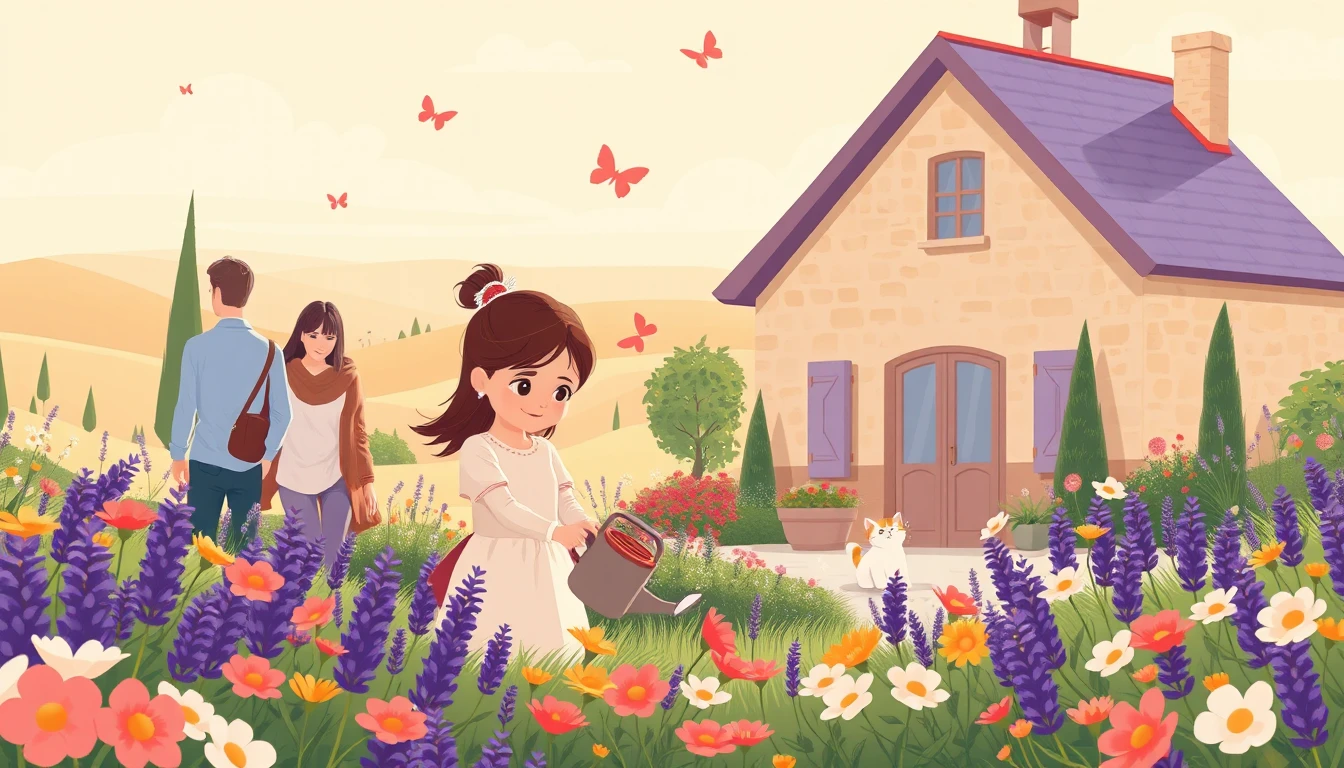 Fille arrosant des fleurs avec un chaton joueur dans un jardin doux