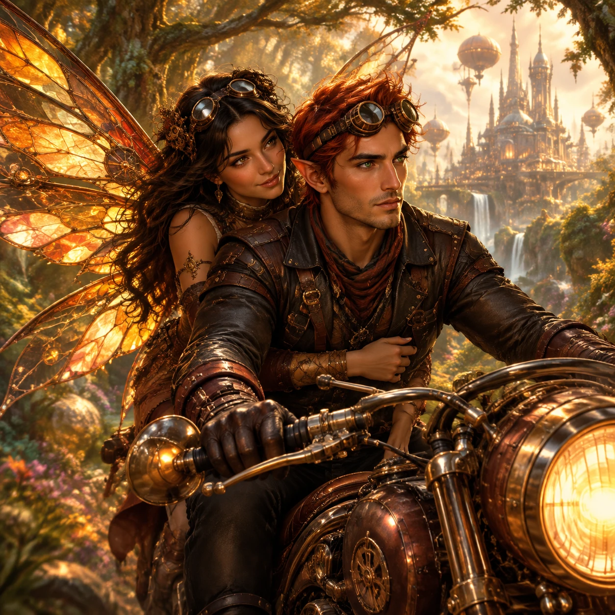 Steampunk elf rider with fairy in a surreal forest