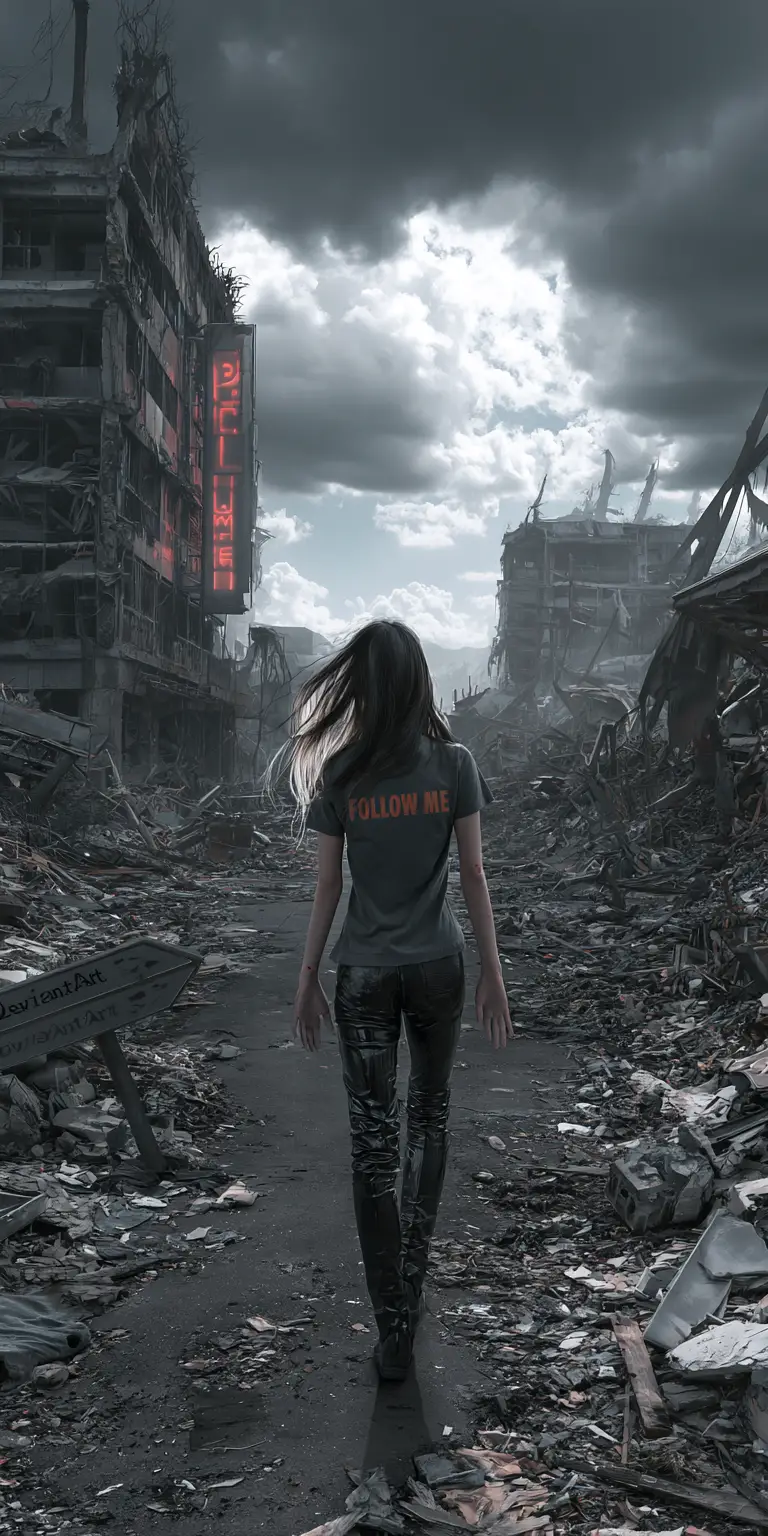 Woman walking away through a ruined dystopian city street