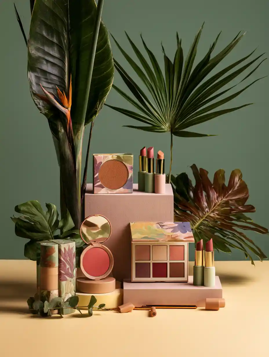 Colección de maquillaje lujosa en tonos cálidos con packaging atrevido