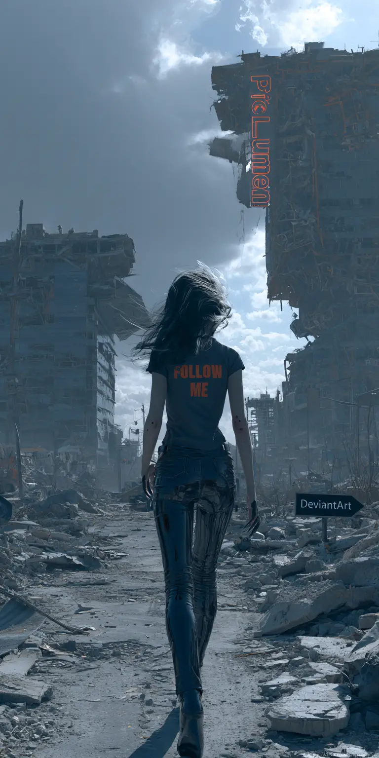 Woman walking through a ruined city street at dusk