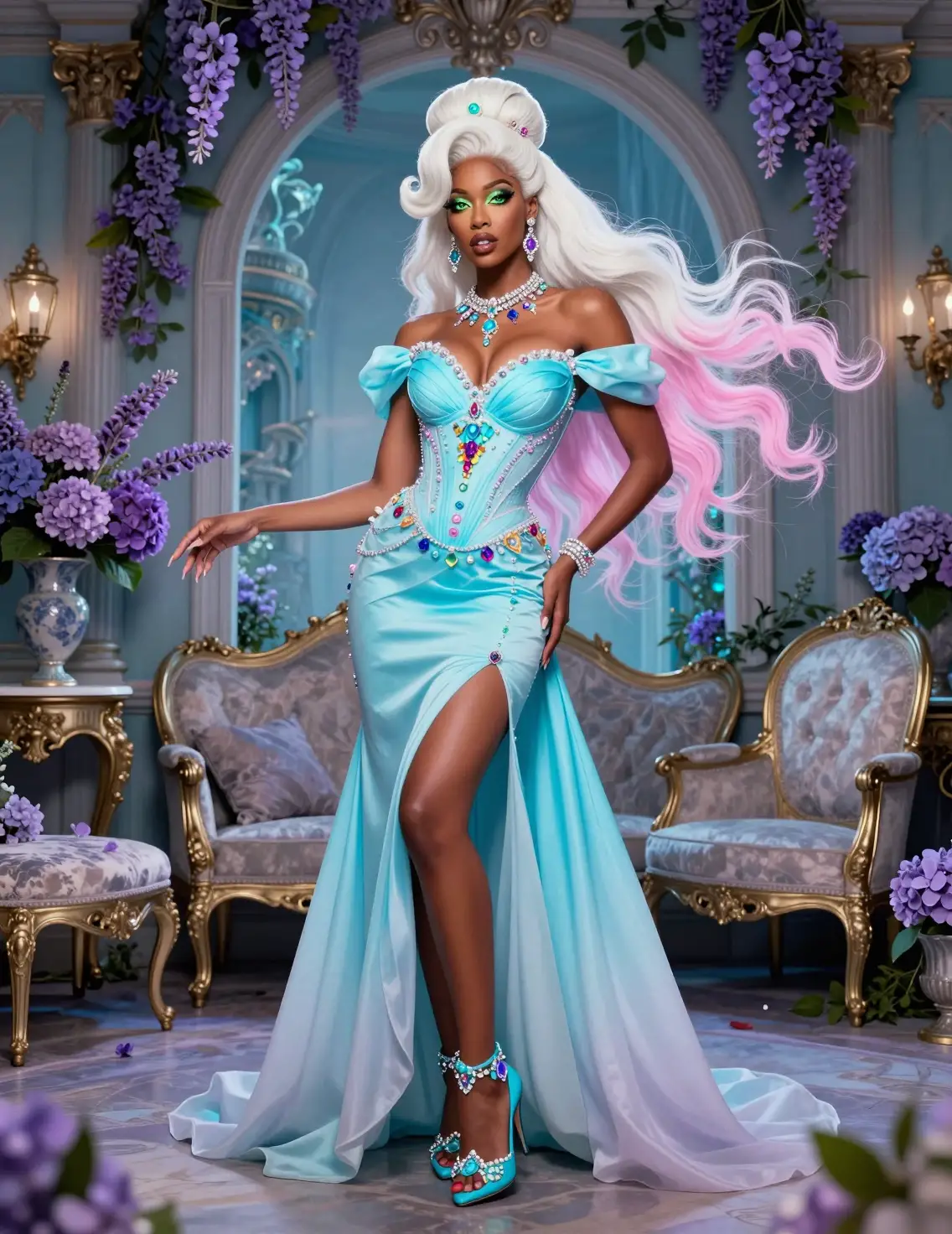 Elegant fantasy woman in aqua ballroom gown interior