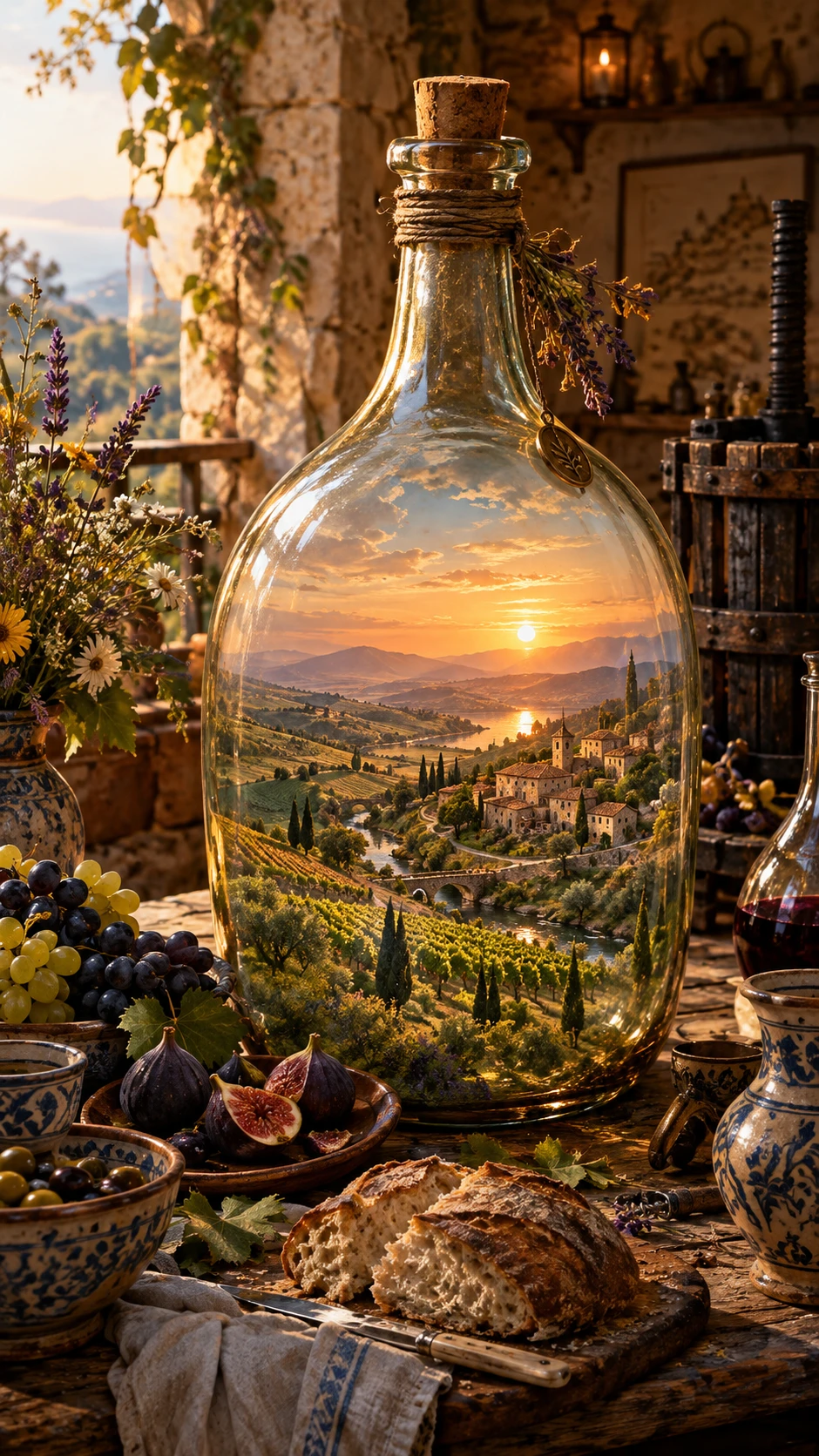 Antike Glasflasche mit winziger mediterraner Landschaft