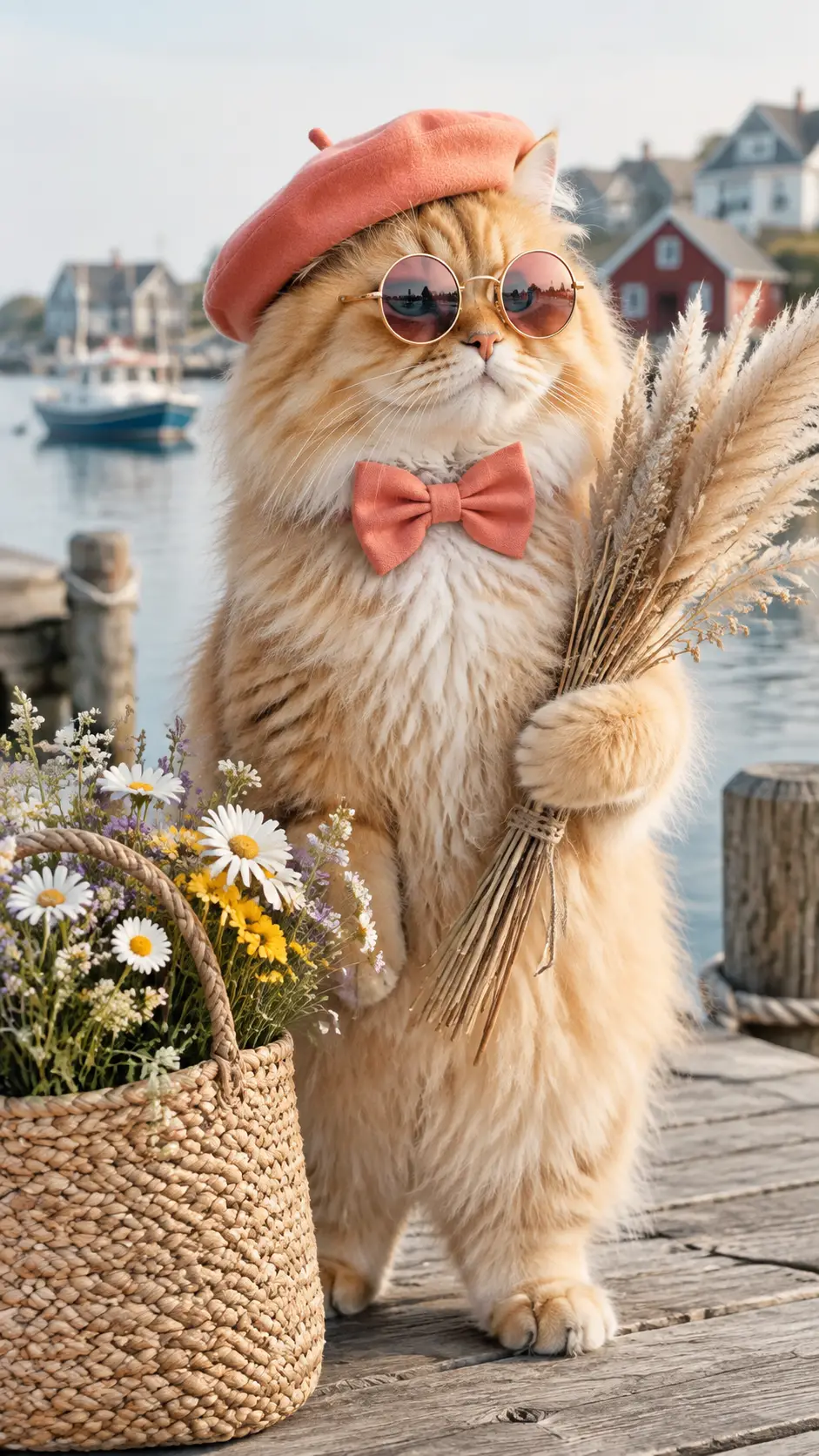Stylish golden cat on a wooden pier in a coastal village