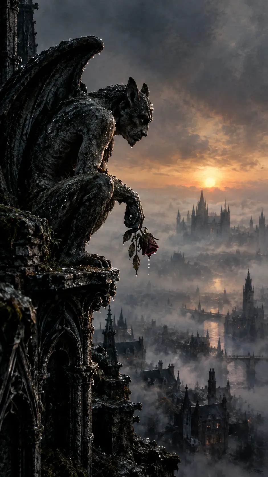 Gargoyle On Gothic Spire Over Foggy City At Dawn