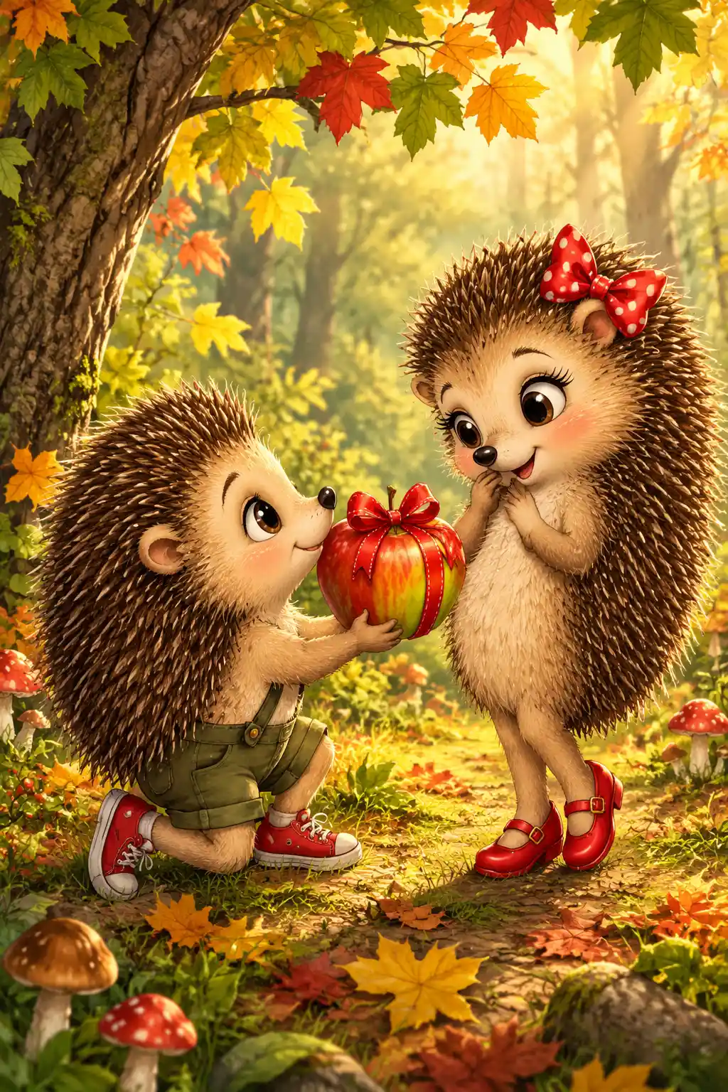 Romantic cartoon hedgehogs with gift apple in forest clearing