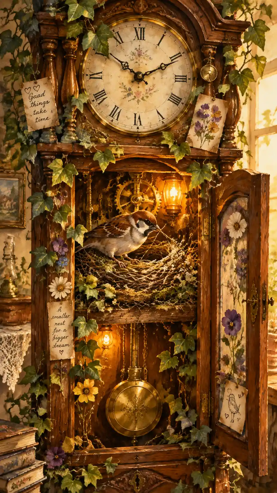 Moineau Construisant un Nid dans une Horloge Comtoise Ancienne