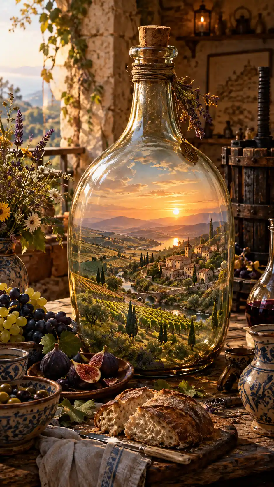 Antike Glasflasche mit winziger mediterraner Landschaft