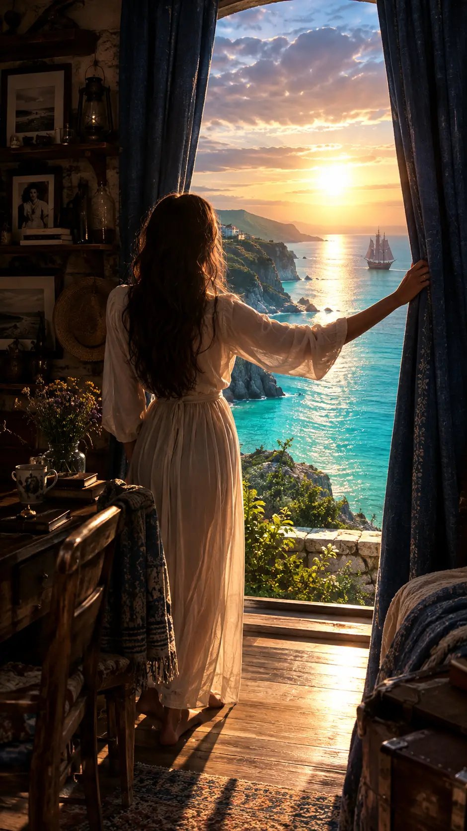 Mujer revela el amanecer sobre el mar desde casa costera rústica
