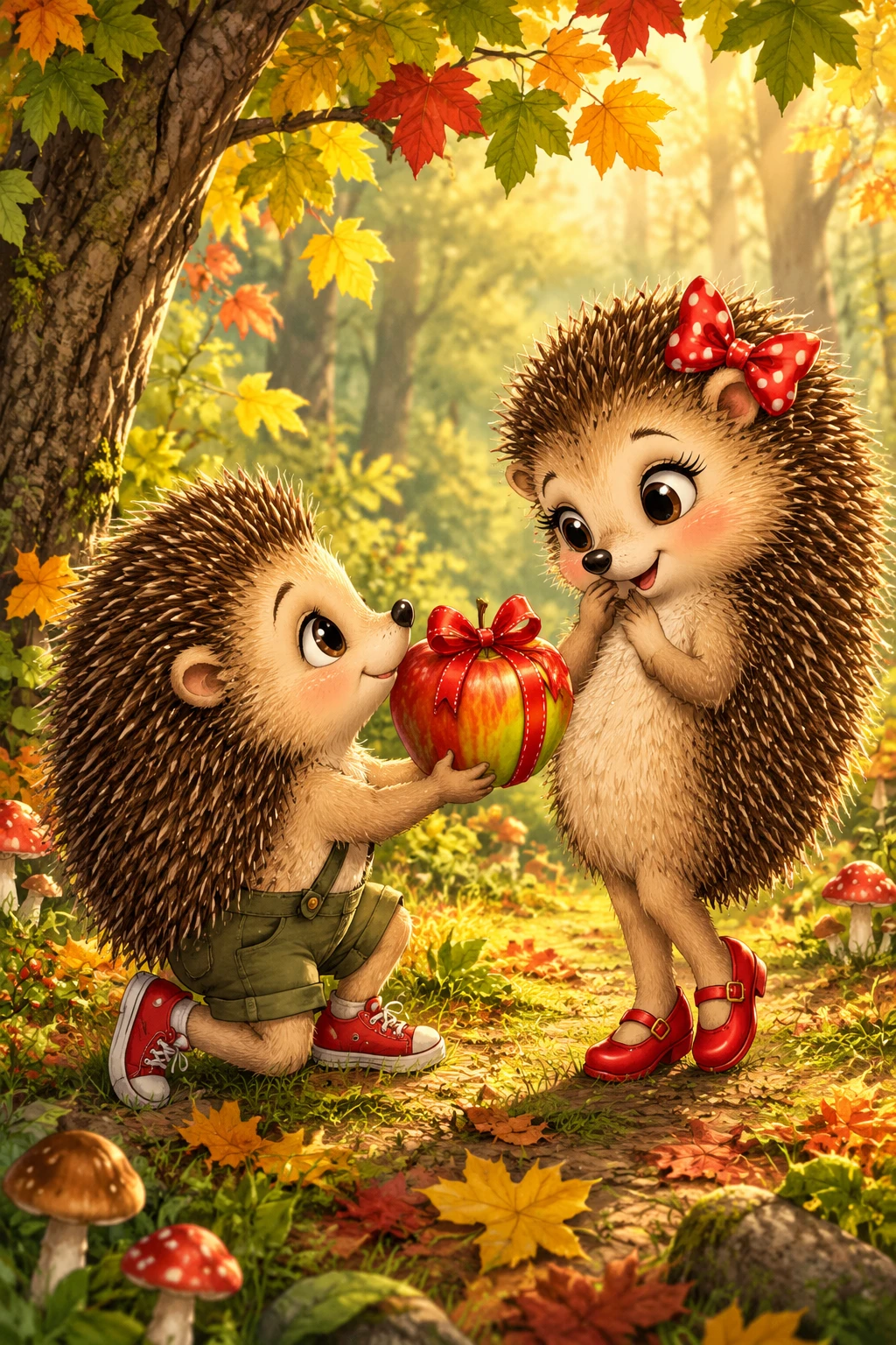 Romantic cartoon hedgehogs with gift apple in forest clearing