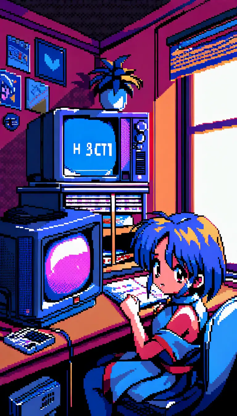 Anime girl sitting by vintage pc in pixel art scene