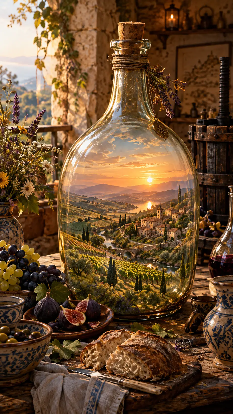 Antike Glasflasche mit winziger mediterraner Landschaft