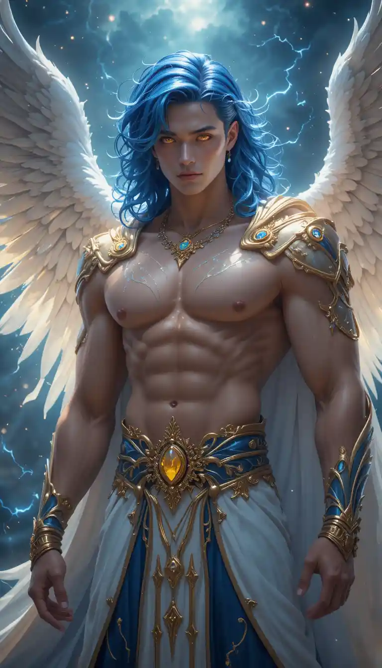 Thunder phoenix demigod with electric wings and tattoos