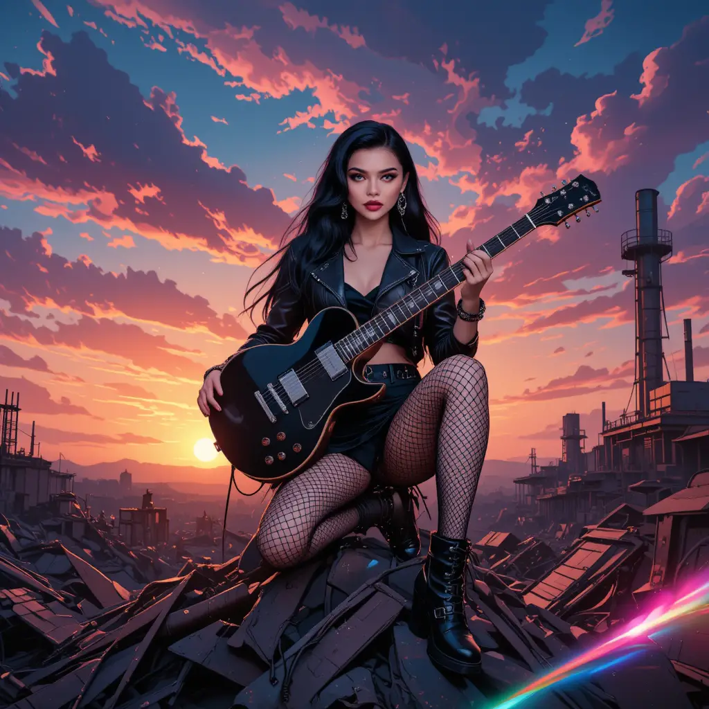 Goth anime woman with guitar in ruined metal wasteland