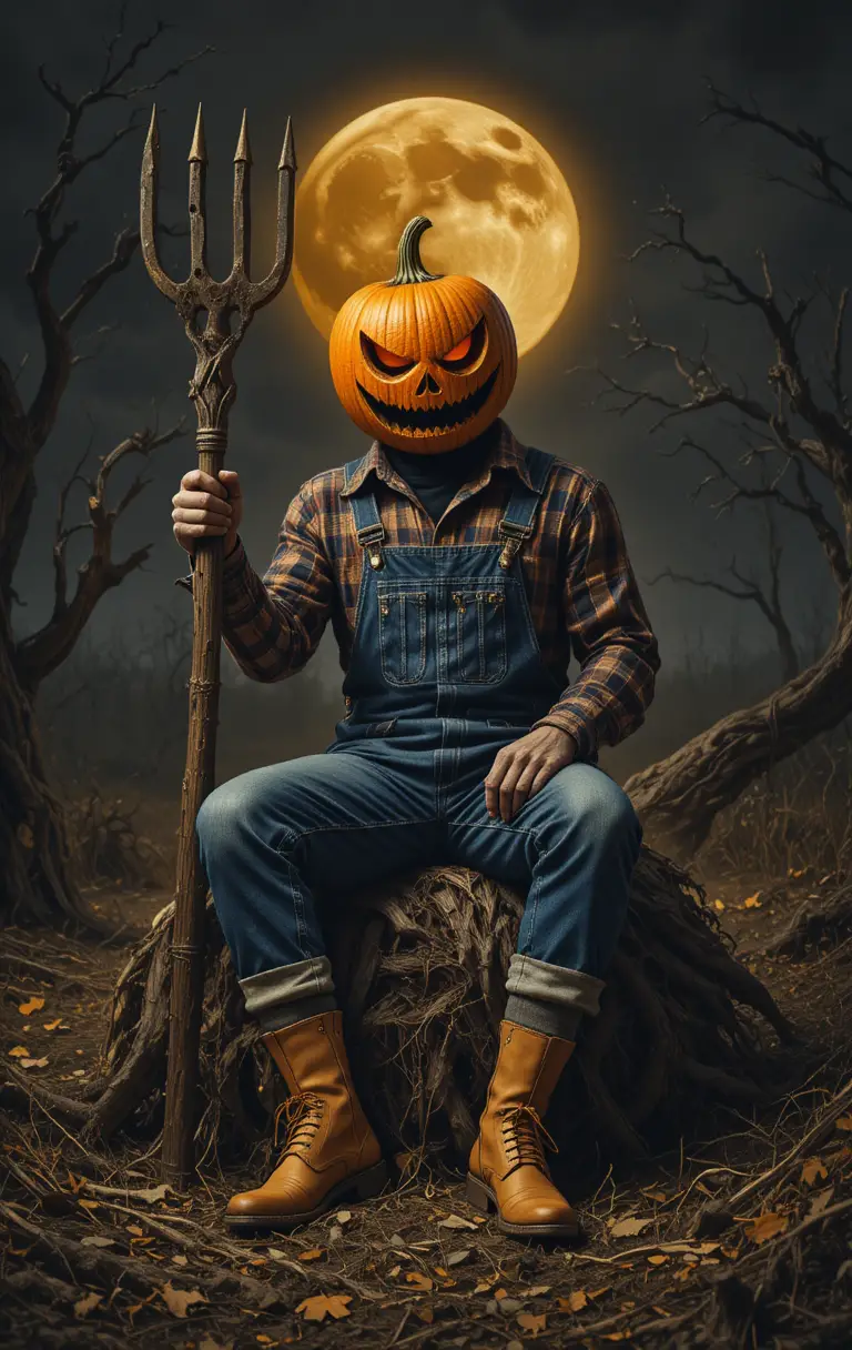 Pumpkin headed figure on corpse under eerie farm moon