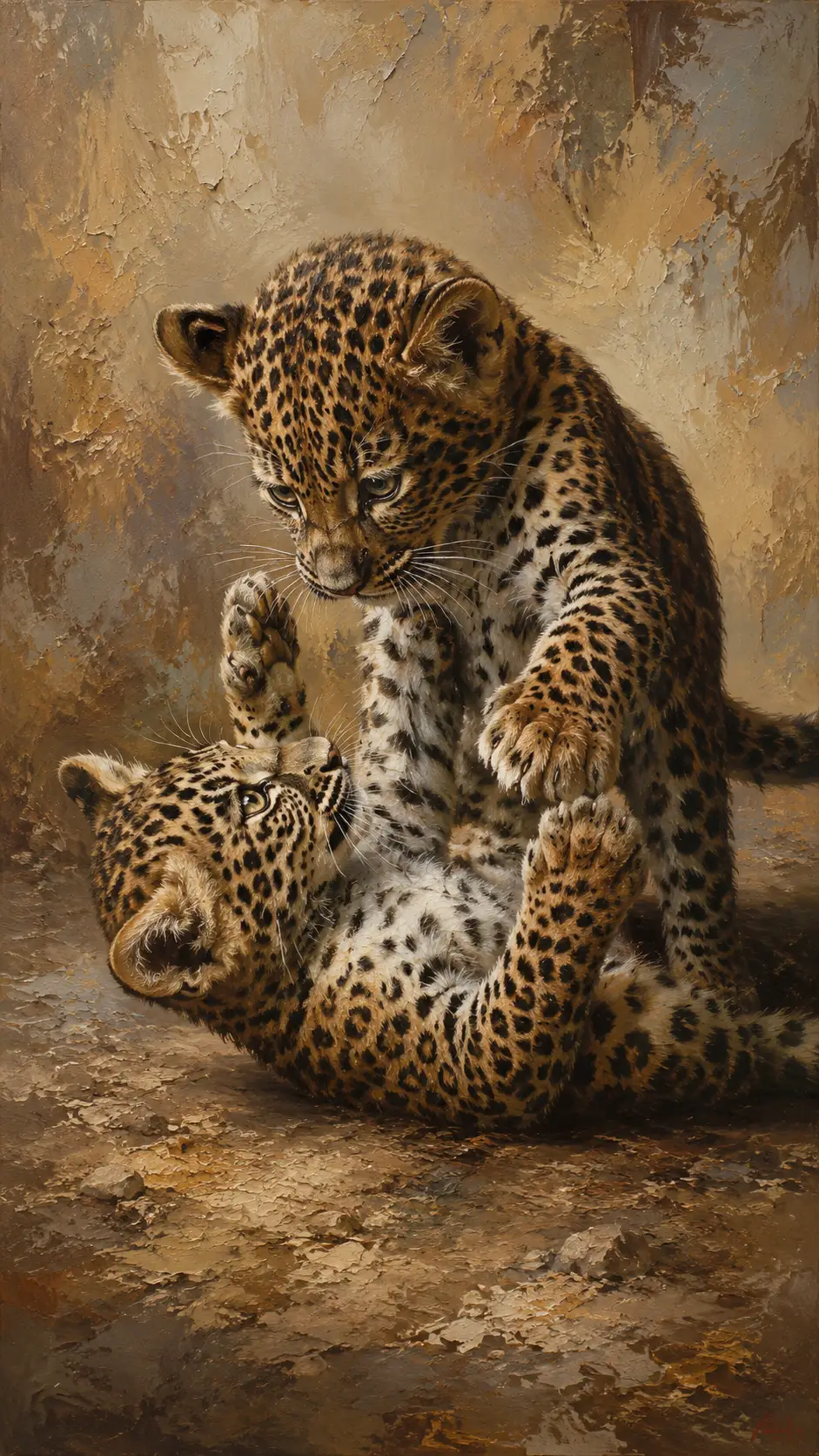 Dos cachorros de leopardo jugando en una pintura al óleo
