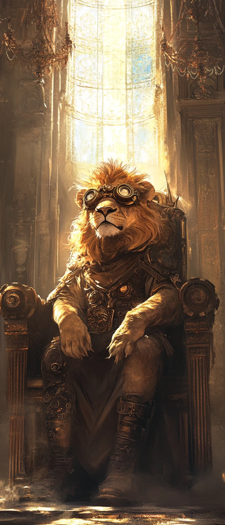 Regal steampunk lion on a throne in a ruined ballroom