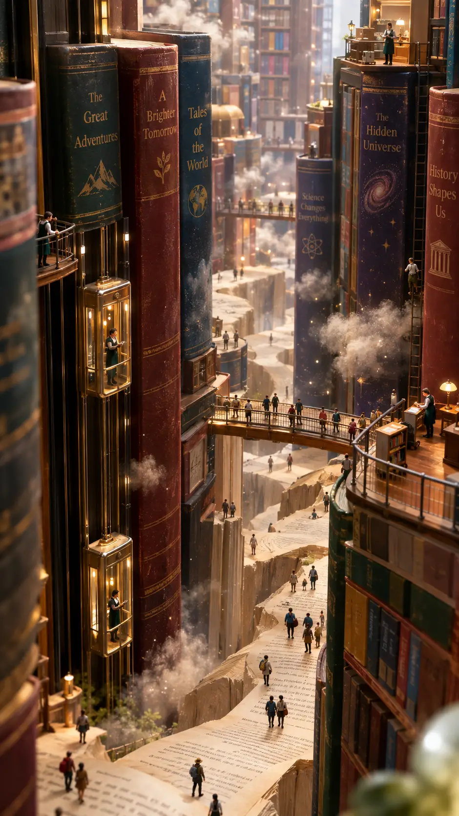 Tiny people exploring towering book skyscrapers in a bookstore