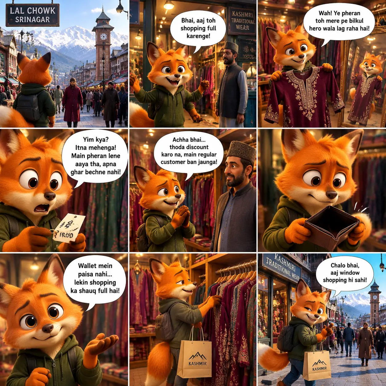 Gato 3D peludo de compras en el bullicioso mercado de Lal Chowk
