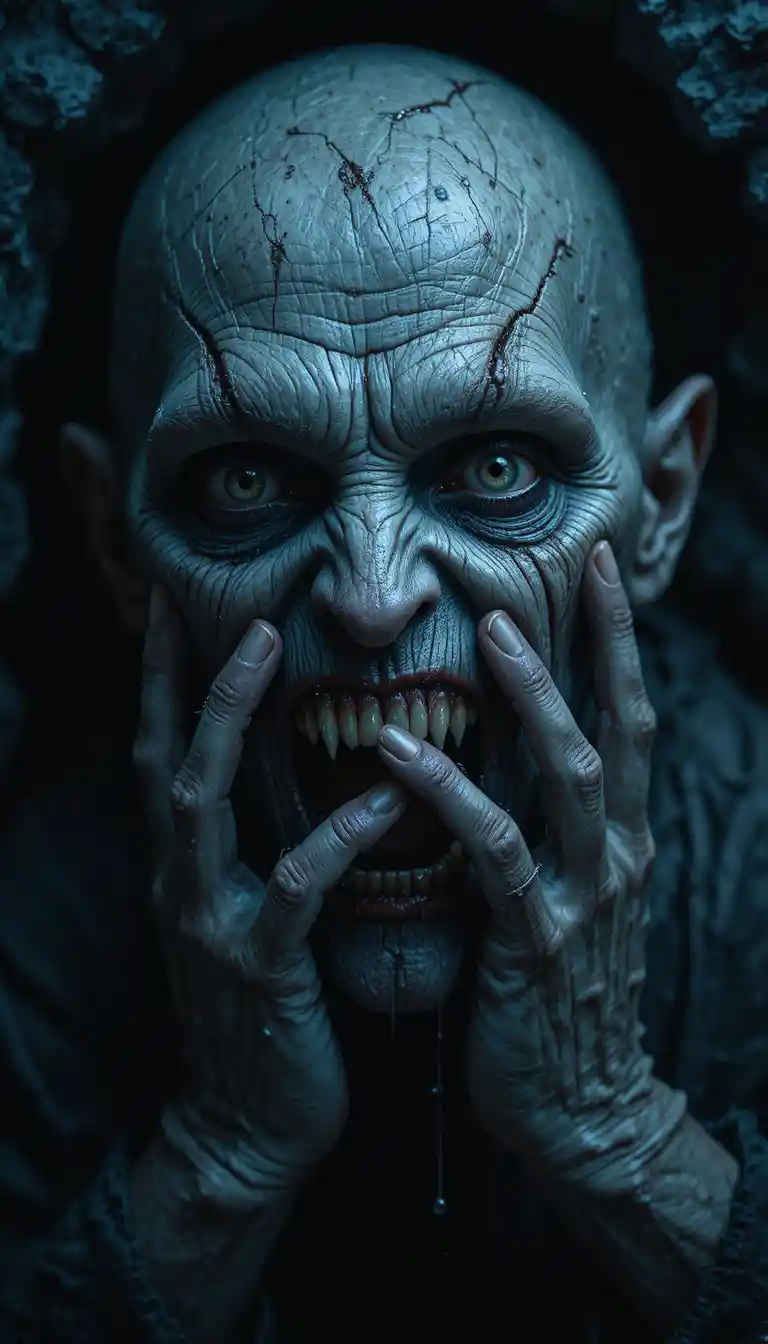 Ancient undead creature screaming from a shadowy cave