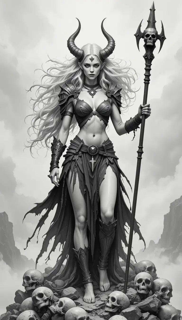 Dark horned sorceress standing on a mound of skulls