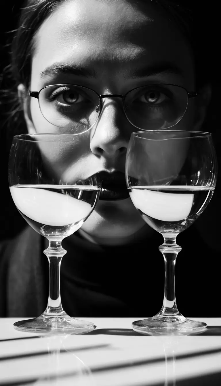 Surreal glass refraction portrait in high contrast monochrome