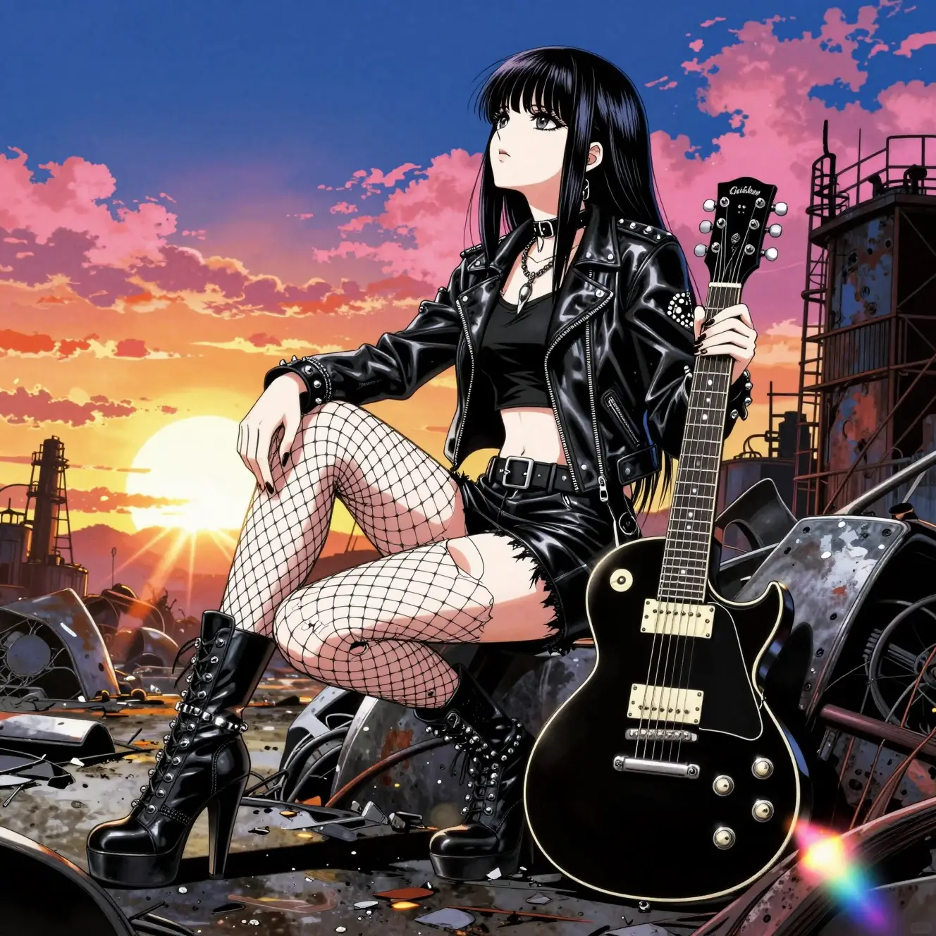 Goth anime woman with guitar in ruined sunset wasteland