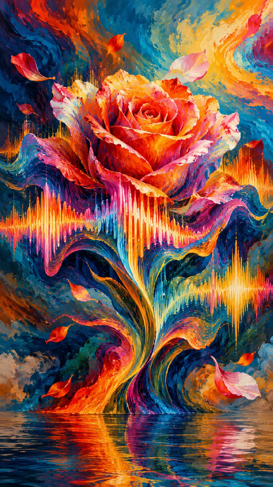 Flor surreal que brota de ondas sonoras abstractas fluidas