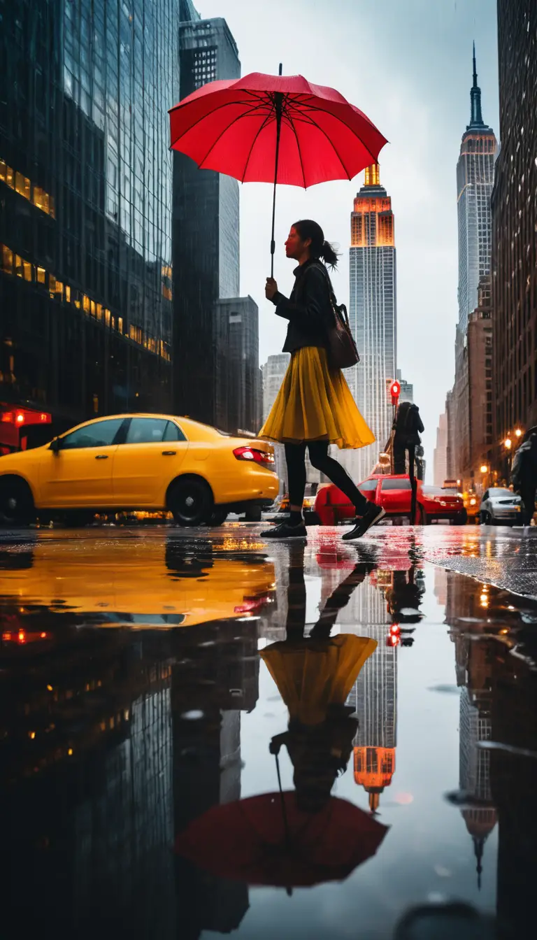 Woman in yellow skirt walking through city puddle