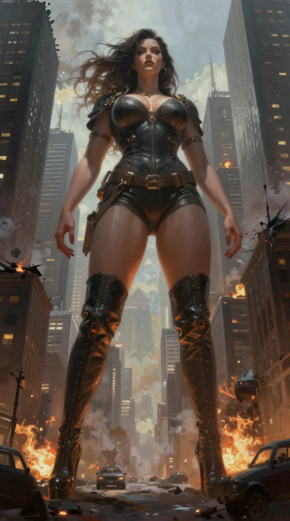 Towering giant woman above a ruined post apocalyptic city