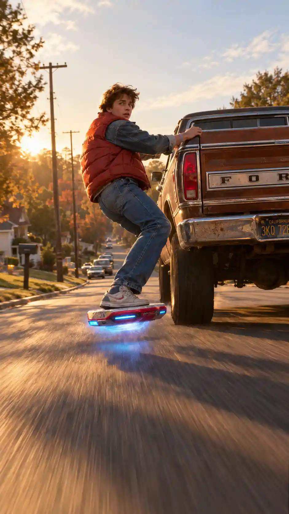 Ragazzo adolescente su hoverboard trainato da pickup d’epoca
