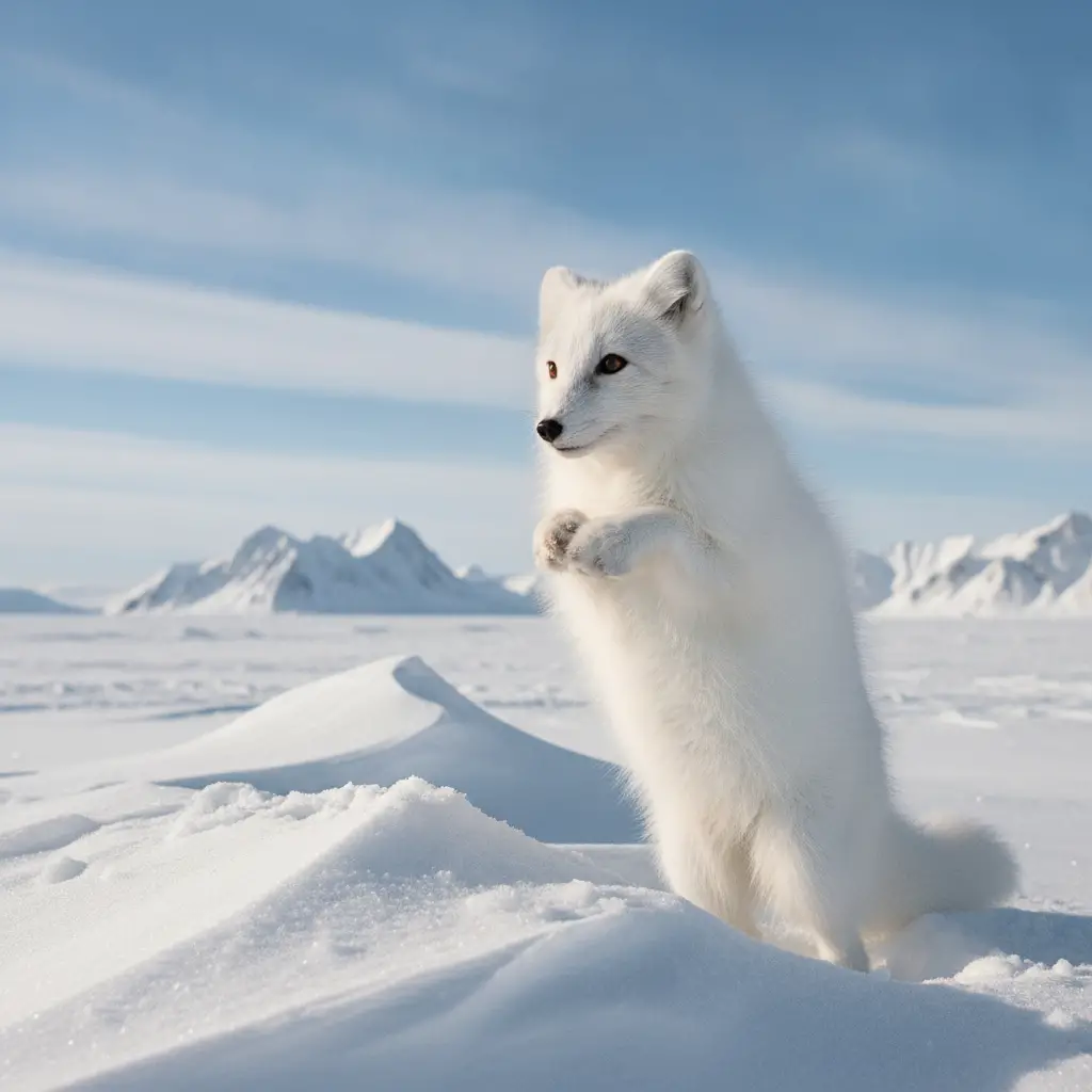 Curious arctic fox standing in a snowy mountain landscape